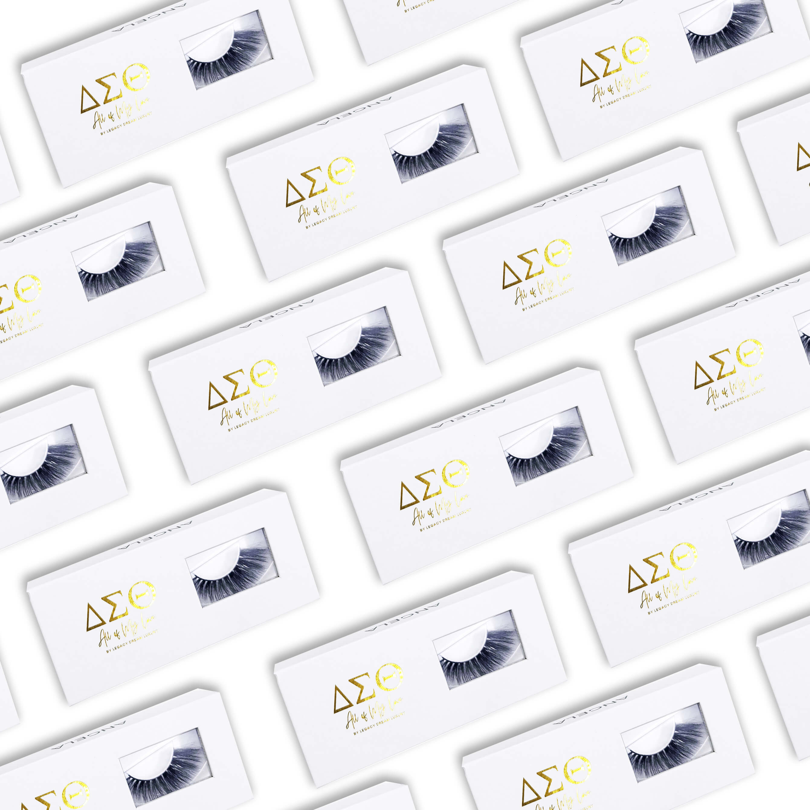 Eye-Lash extensions in a white box with Delta Sigma Theta logo