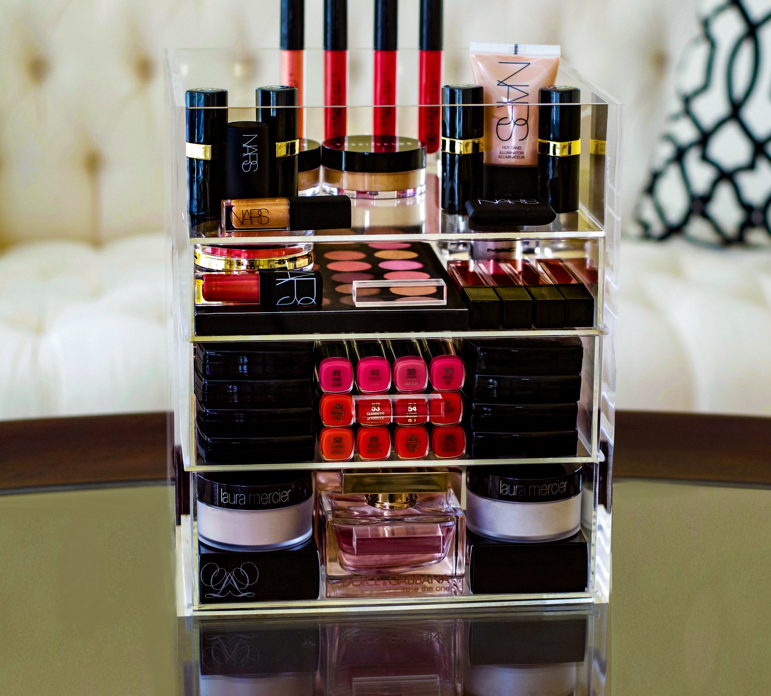Acrylic Makeup Organizer filled with makeup